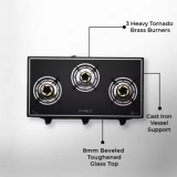 BlowHot Opal 3 Burner Heavy Tornado Brass Burners Heavy Powder Coated Body Glass | Manual Gas Stove