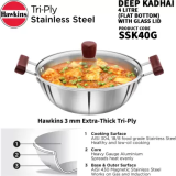 Hawkins Tri-Ply Stainless Steel Deep Fry Pan Glass Kadhai | 28 cm | 4 L | 3 mm