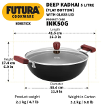 Hawkins Futura Deep Kadhai | Non Stick Kadai with Glass Lid | Flat Bottom Induction Kadhai | 5 L | INK50G