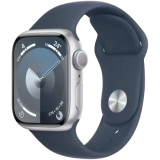 Apple Watch Series 9 | GPS 41mm Silver Aluminium Case with Storm Blue Sport Band | Silver Strap