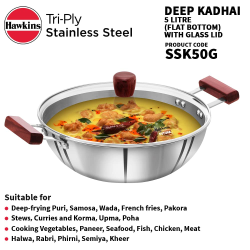 Hawkins Triply Stainless Steel Kadai with Glass Lid | 5 L | SSK50G