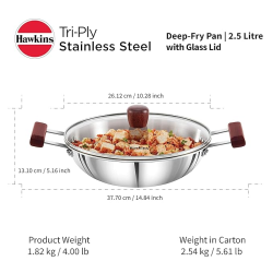 Hawkins Deep Fry Pan | 2.5 Litre | Triply Stainless Steel Kadai | Flat Bottom Induction Kadhai | Silver |  SSD25G