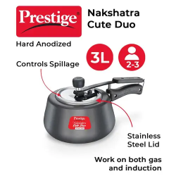 Prestige Nakshatra Cute Pressure Cooker | 3 L | Duo Svachh Hard Anodised Spillage Control | Black