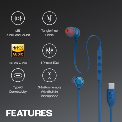 JBL Tune 310C Wired Hi Res In Ear Earphones | 3 Button EQ | Blue | JBLT310CBLU