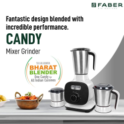 Faber 800W Mixer Grinder with 3 Stainless Steel Jar FMG Candy 800 3J BW | White