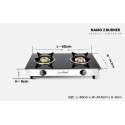 Greenchef NAMO Series Glass Manual Gas Stove | 2 Burners | Black