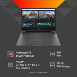 HP Victus Ryzen 7 Octa Core 5800H |  8 GB/512 GB SSD | 4 GB Graphics/NVIDIA GeForce RTX 3050 | 15-FB0052AX Gaming Laptop | Mica Silver