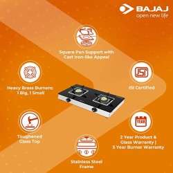 Bajaj Stainless Steel Glass Top Gas Stove | 2 Brass Burner | Black | 2BRGS7