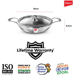 IMPEX Serene Triply Kadhai with Lid | 1.4 L capacity | 20 cm diameter | Stainless Steel