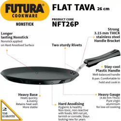 Hawkins Futura Nonstick Flat Tava | NFT26P | 26 cm, 4.88 mm (with plastic handle) | Black