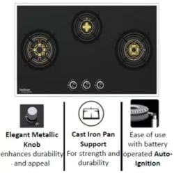 Hindware SIENA Built in Glass Automatic Hob | Dual Brass Burners | 3 Burner | 78 cm | Auto Ignition | FFD | Metal Knobs