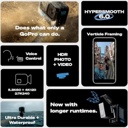 GoPro HERO12 Waterproof Action Camera with Front & Rear LCD Screens, 5.3K60 Ultra HD Video, HyperSmooth 6.0 + AutoBoost, Live Streaming with Enduro Battery