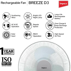 IMPEX Rechargeable Table Fan | BREEZE D3 with LED Light | 305 mm Silent Operation |  3 Blade Table Fan | White