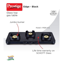 Prestige Gas Stove | EdgeSchott | Glass-Top | 3 Brass Burner | Ultra-Slim Body | Black