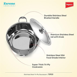 Impex | Serene Triply | Stainless Steel | lnduction Friendly Cookware | Sauce Pan | 20cm | Silver