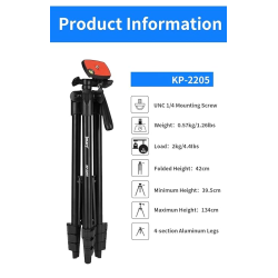 Jmary KP-2205 Aluminum Tripod 134CM | 4-Section Aluminum Legs | Universal Lightweight Tripod with Mobile Phone Holder Mount