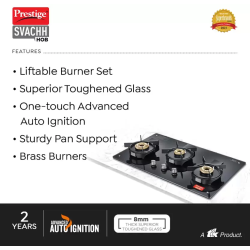 Prestige Svachh Hob PSVH 03 AI | Toughened Glass Hob Top Multi Spark Ignition System | 3 Brass Burner | Black | 40580