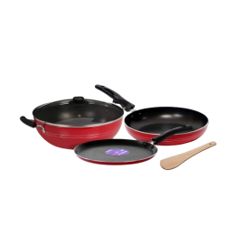 Blueberry’s Premium Nonstick Kadai Tawa Fry Pan Combo | Kitchen Cookware Set Combo with Glass Lid | Red