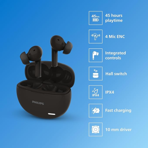 PHILIPS Audio True Wireless in Ear Earbuds | Pocket Sized Charging Case | Play Time Upto 45Hrs | 10mm Dynamic Drivers | Inbuilt Mic |  IPX4 Splash | Sweat Resistant |Black | TAT1179BK/94