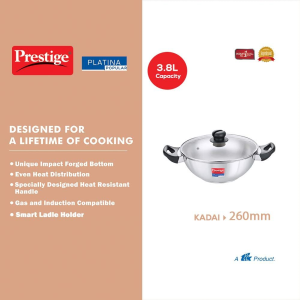 Prestige Platina Popular Stainless Steel Kadai | 260 mm | Toughened Glass lid | Silver | 36887