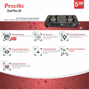 Preethi Blu Flame Zeal Plus Glass Manual Gas Stove |  2 Burner | Black | GTS408