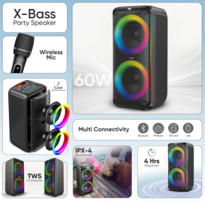 iGear X-Bass 60 Portable Bluetooth Party Speaker | 60W | Wireless Mic for Karaoke | Black