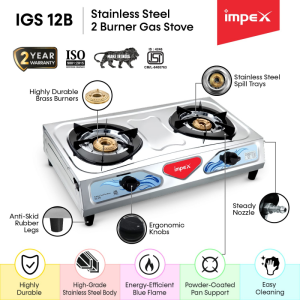 IMPEX IGS 12B Stainless Steel Manual Gas Stove | 2 Burners