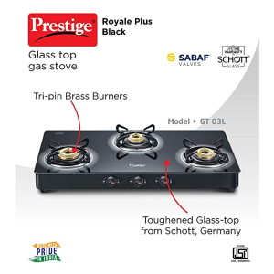 Prestige Royale Plus Schott Glass 3 Burner Gas Stove | Manual Ignition | Black