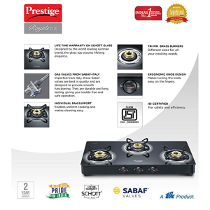 Prestige Royale Plus Schott Glass 3 Burner Gas Stove | Manual Ignition | Black