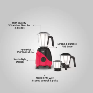 Preethi Peppy MG 245 Mixer Grinder | 750 W | 3 Jars | Black & Red