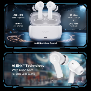 boAt  Airdopes Flex 454 ANC TWS Earbuds with Smart Features | 60HRS Playback Quad Mics ENx Tech | Zinc White