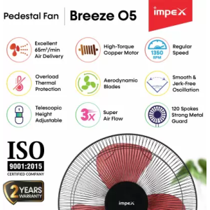 IMPEX Breeze O5 Pedestal Fan | 400 mm | 3 Blade | Black