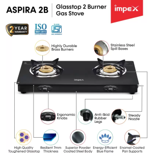 IMPEX ASPIRA 2B Glasstop Stainless Steel Manual Gas Stove | 2 Burner | Black