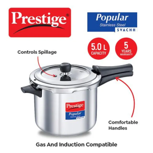 Prestige Popular Svachh  | Spillage Control | Stainless Steel | Pressure Cooker | Silver | 5 L