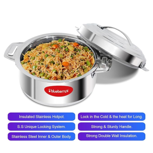 Blueberry’s Hotpot Thermoware Casserole | 2500 ml | 100% Stainless Steel | Unique Locking System | Keeping Hot for Hours | Silver