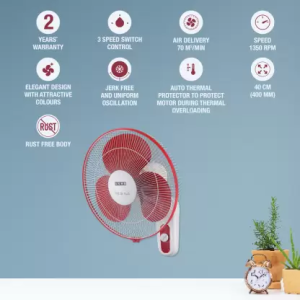 USHA Mist Air Flo 3 Blade Wall Fan | 400 mm | Maroon