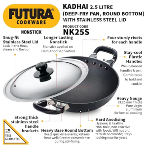 Hawkins Futura Nonstick Kadhai | 2.5 L | 26 cm | SS lid | Black