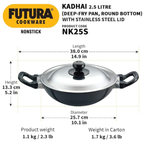 Hawkins Futura Nonstick Kadhai | 2.5 L | 26 cm | SS lid | Black