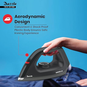 Havells Dry Iron Dazzle | 1100W | Press German Technology Non Sick Coated Sole Plate | Black