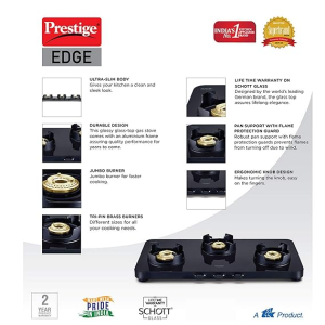 Prestige Gas Stove | EdgeSchott | Glass-Top | 3 Brass Burner | Ultra-Slim Body | Black