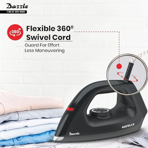 Havells Dry Iron Dazzle | 1100W | Press German Technology Non Sick Coated Sole Plate | Black