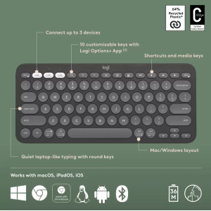 Logitech Pebble Keys 2 Wireless Keyboard | Customisable Shortcuts | Graphite | ‎K380