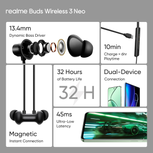 realme Buds Wireless 3 Neo Neck Band | 13.4mm Driver | 32 hrs Playback | Black | RMA2305