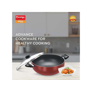 Prestige omega deluxe aluminium non stick round base deep kadai | Glass lid | 28 cm | Red