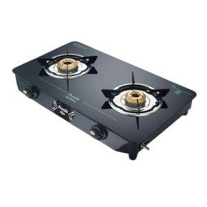 Preethi Alya 2.0 Glass Top Gas Stove | 2 Burner | Manual Ignition Bati Stand | Black