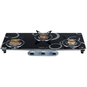 Nestron Nuclea 3 Burner | High Powered Brass Burner Gas Stove | Cooktop with Glass Top and Stainless Steel Body