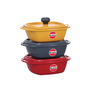 Hawkins Kitchen Gift Pack | 2.25 litre | 3 Pieces Set of Die Cast Square Mini Casseroles for Cooking | Red Yellow Grey | 23DGP