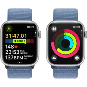 Apple Watch Series 9 | GPS 45mm Silver Aluminium Case with Winter Blue Sport Loop | Silver Strap